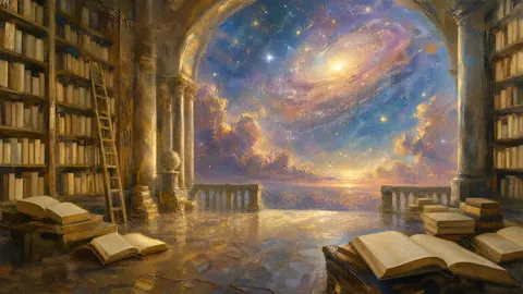 Dreamlike library opening onto a galaxy – magical realist oil painting Frame TV art