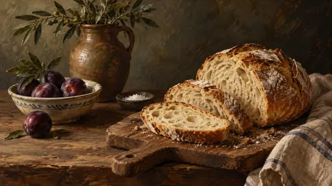 Rustic bread on a wooden cutting board – classical oil still life Frame TV art