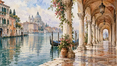 Venetian-inspired arcade beside still water – architectural watercolor Frame TV art