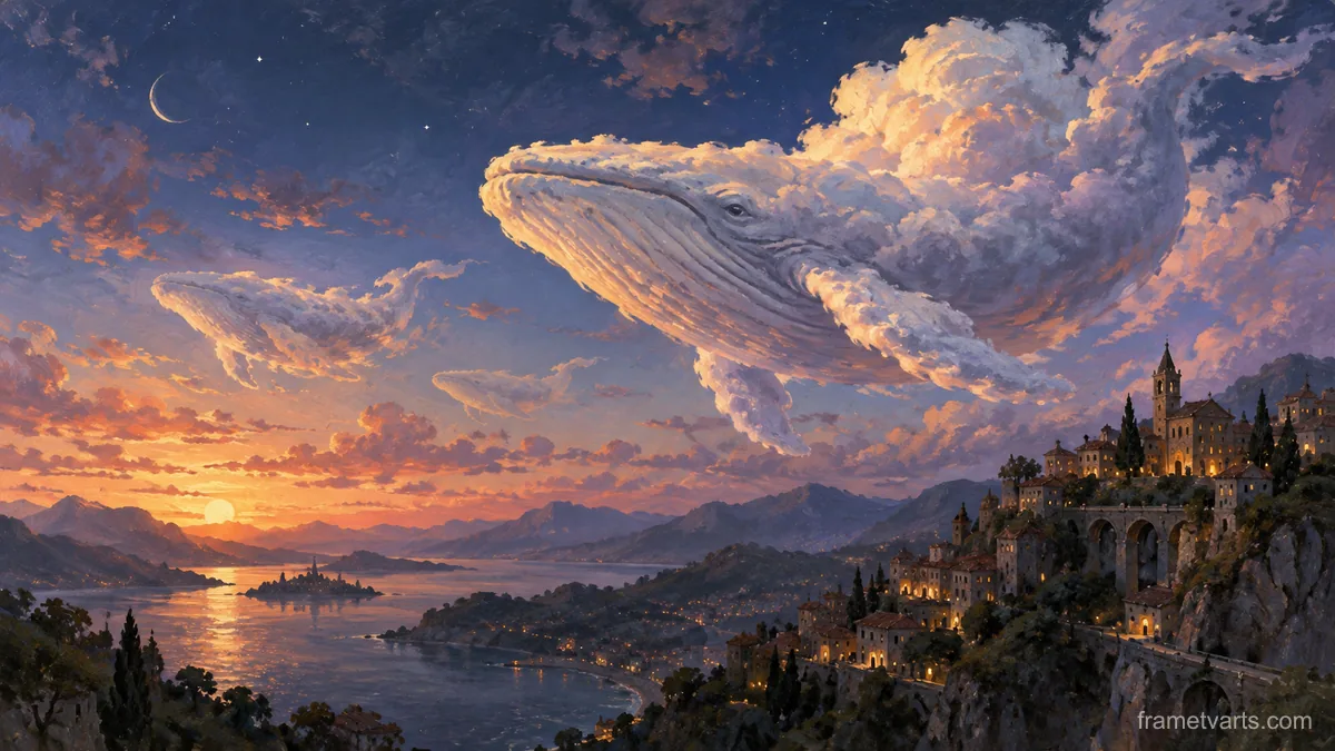 Cloud-shaped whales crossing a twilight sky – magical realist oil painting Samsung Frame TV art, 4K