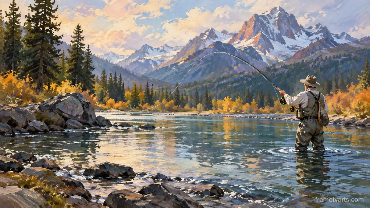 Fly fishing on a tranquil river – expressive figurative painting Samsung Frame TV art, 4K