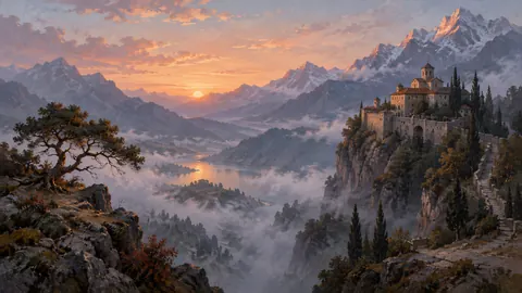 Mountain monastery at dawn – atmospheric tonal painting Frame TV art