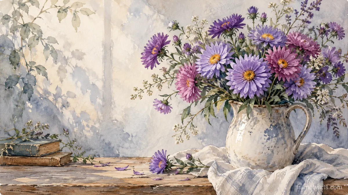 Birth-flower-inspired bouquet of asters – delicate watercolor keepsake composition Samsung Frame TV art, 4K