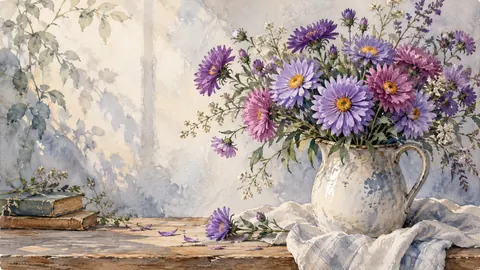 Birth-flower-inspired bouquet of asters – delicate watercolor keepsake composition Frame TV art
