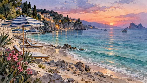 Empty striped beach umbrellas beside turquoise water – coastal watercolor Frame TV art