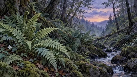 Fern fronds in a shaded woodland hollow – botanical watercolor Frame TV art
