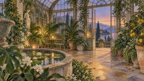Old conservatory filled with green plants – architectural watercolor Frame TV art