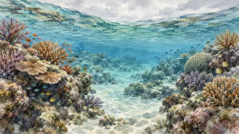 Coral reef viewed through clear shallows – coastal watercolor Frame TV art