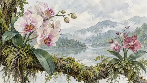 Orchid stems beside a mossy branch – botanical watercolor Frame TV art