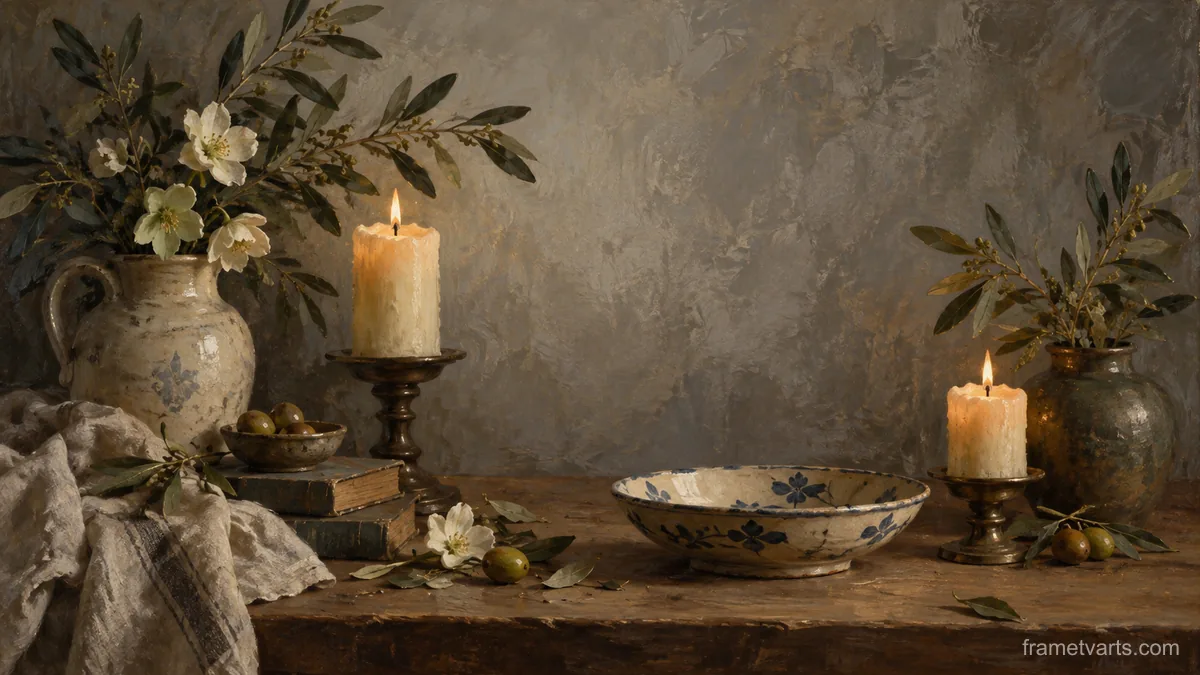 Candles and a shallow ceramic dish – classical oil still life Samsung Frame TV art, 4K