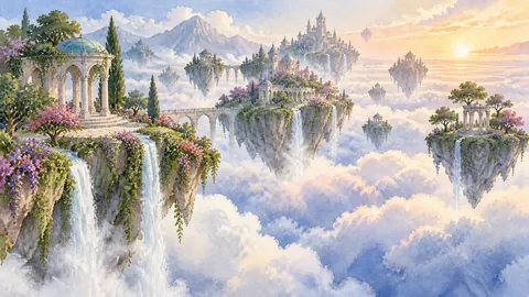 Floating garden islands over a cloud sea – dreamlike watercolor Frame TV art