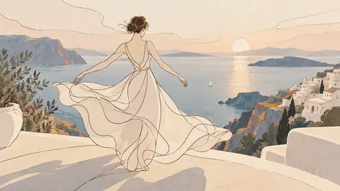 Anonymous dancer in a flowing dress seen from behind – minimal continuous-line illustration Frame TV art