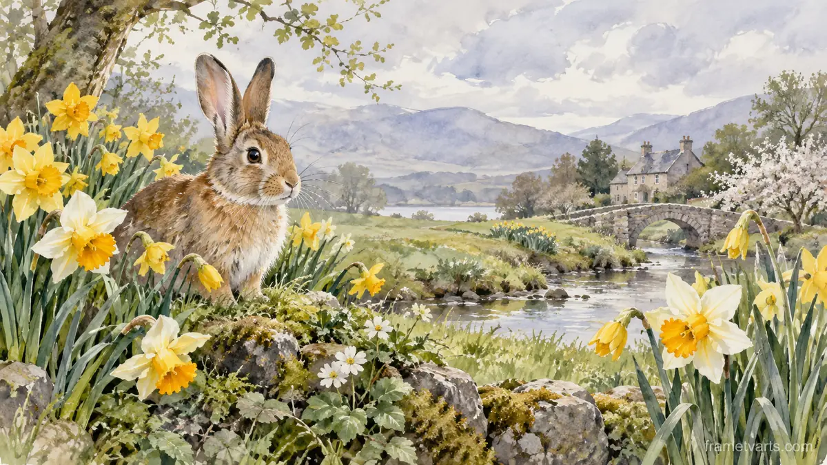 Easter rabbit among spring daffodils – elegant watercolor Samsung Frame TV art, 4K
