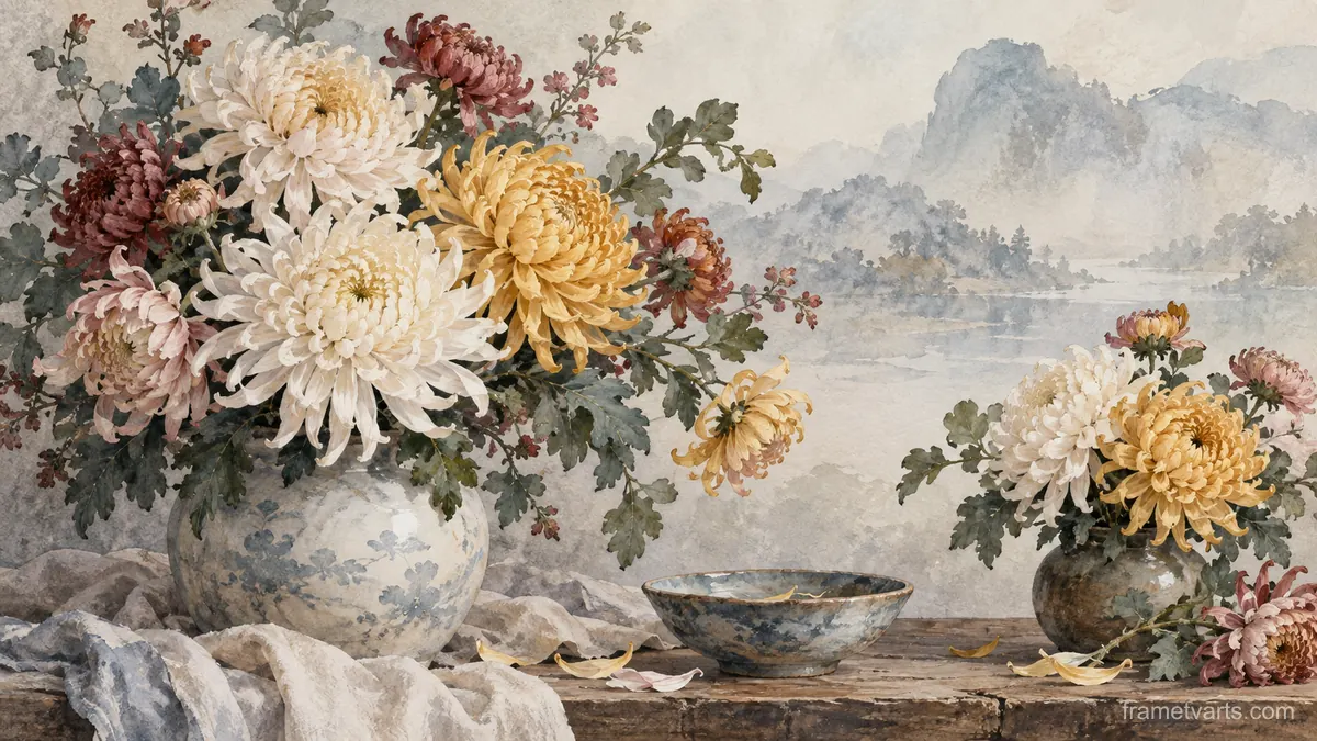 Birth-flower-inspired bouquet of chrysanthemums – delicate watercolor keepsake composition Samsung Frame TV art, 4K