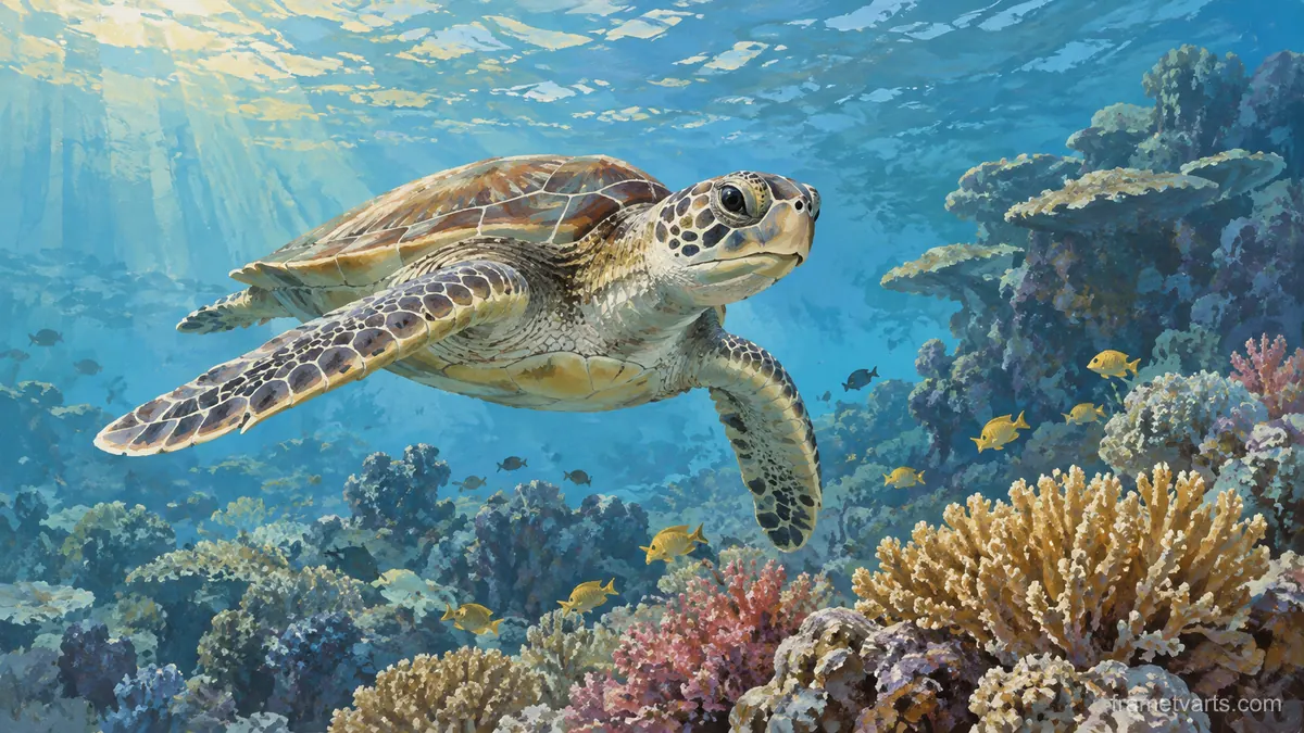 Sea turtle gliding above coral – naturalist gouache Samsung Frame TV art, 4K