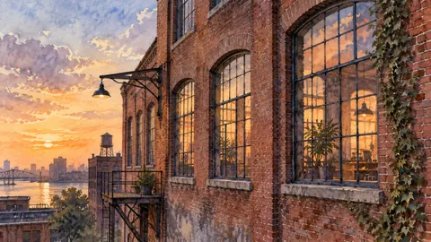 Brick warehouse windows in evening light – architectural watercolor Frame TV art