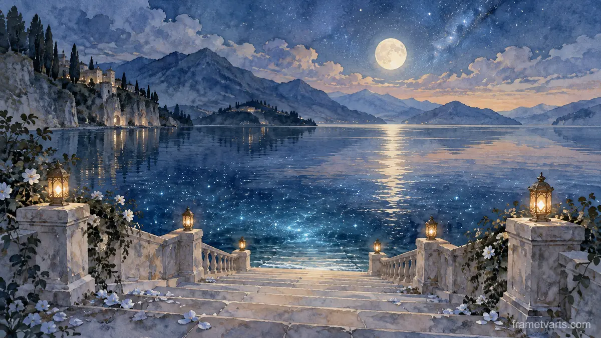 Moonlit staircase leading into a starry lake – dreamlike watercolor Samsung Frame TV art, 4K