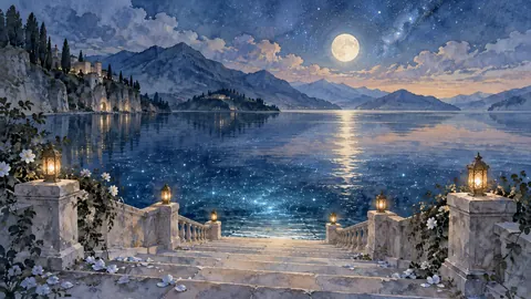 Moonlit staircase leading into a starry lake – dreamlike watercolor Frame TV art