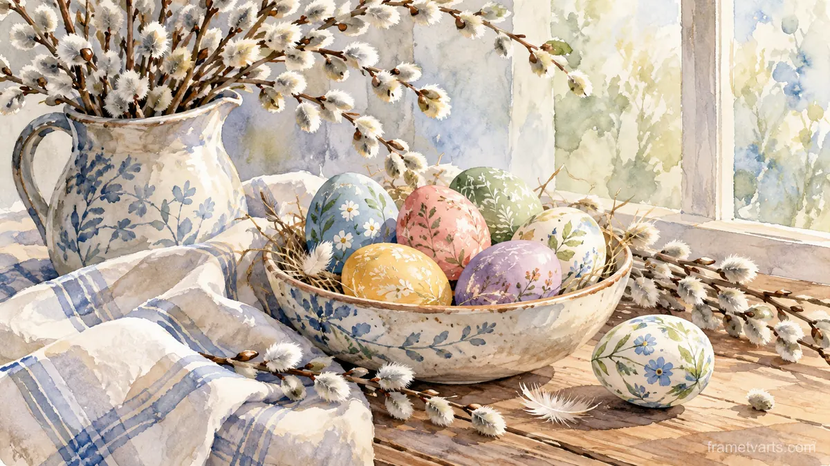 Easter painted eggs and willow branches – elegant watercolor Samsung Frame TV art, 4K