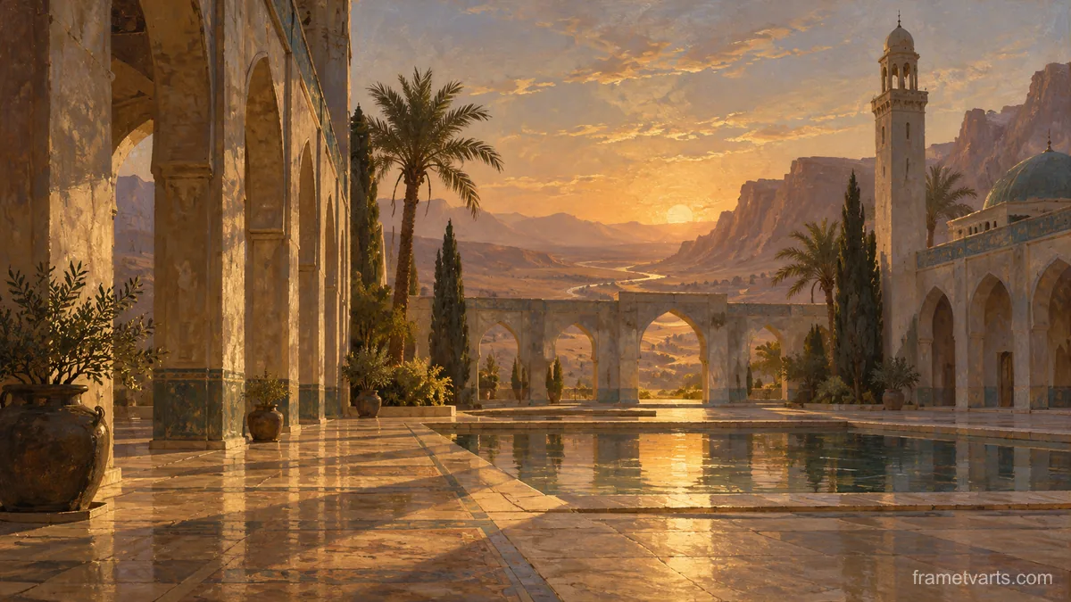 Desert prayer courtyard without people or lettering – atmospheric tonal painting Samsung Frame TV art, 4K