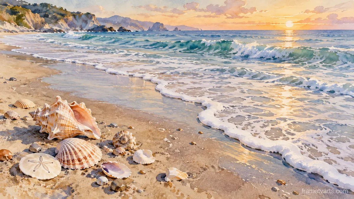 Seashells beside gentle sea foam – coastal watercolor Samsung Frame TV art, 4K