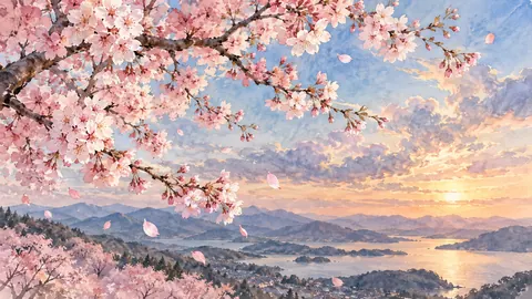 Cherry blossom branches across an open sky – botanical watercolor Frame TV art