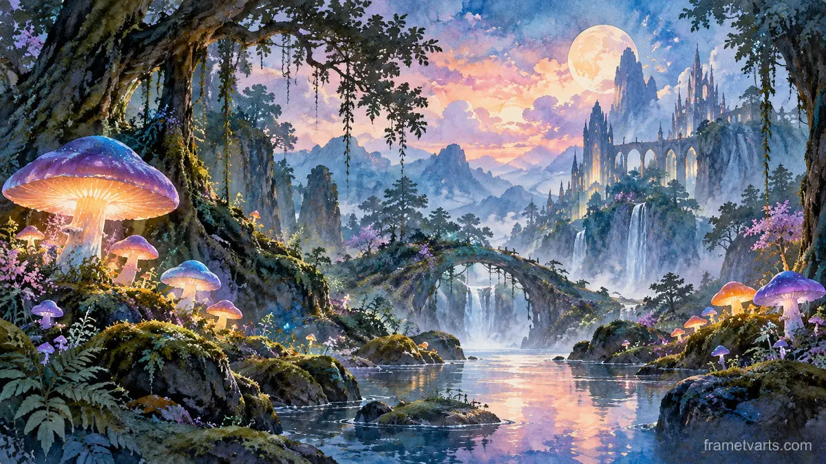 Enchanted forest with luminous mushrooms – dreamlike watercolor Samsung Frame TV art, 4K