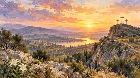 Easter sunrise over three distant simple crosses – elegant watercolor Frame TV art