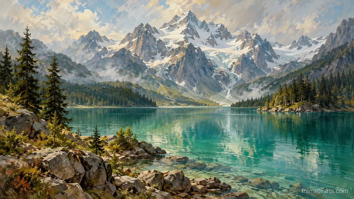 Emerald lake below snow peaks – tonal oil painting Samsung Frame TV art, 4K