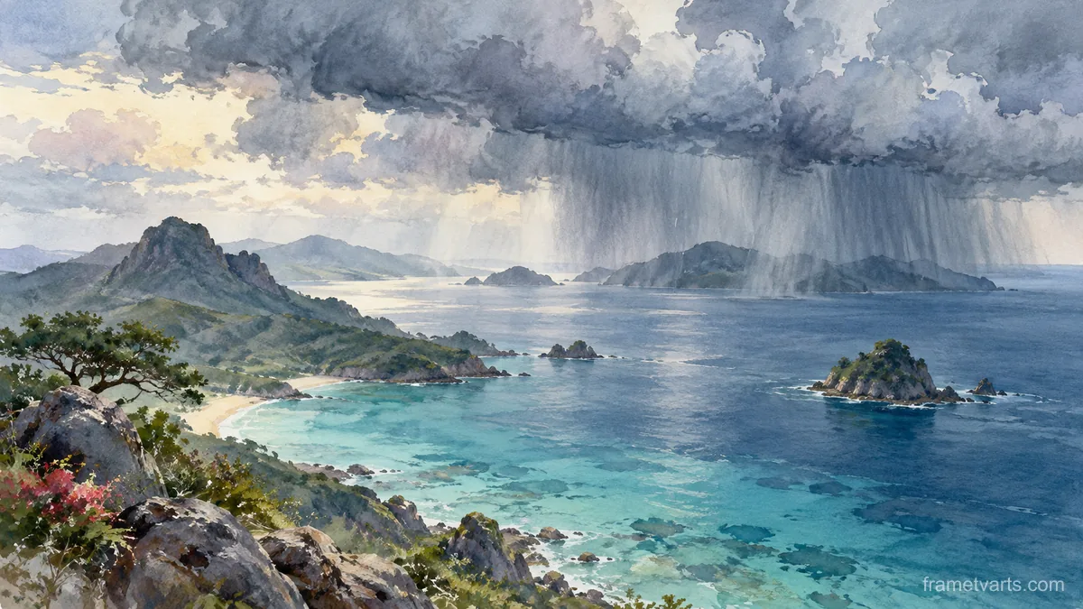 Rain clouds crossing an island bay – coastal watercolor Samsung Frame TV art, 4K