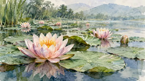 Water lilies floating among broad leaves – botanical watercolor Frame TV art