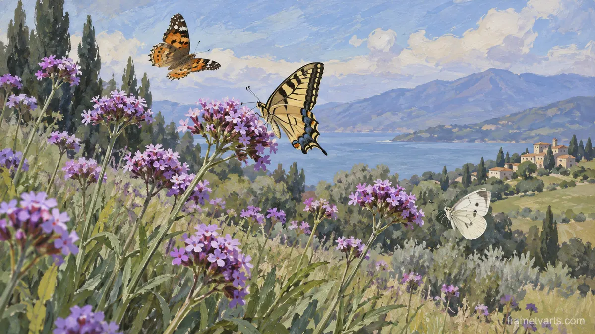 Butterflies around wild verbena – naturalist gouache Samsung Frame TV art, 4K