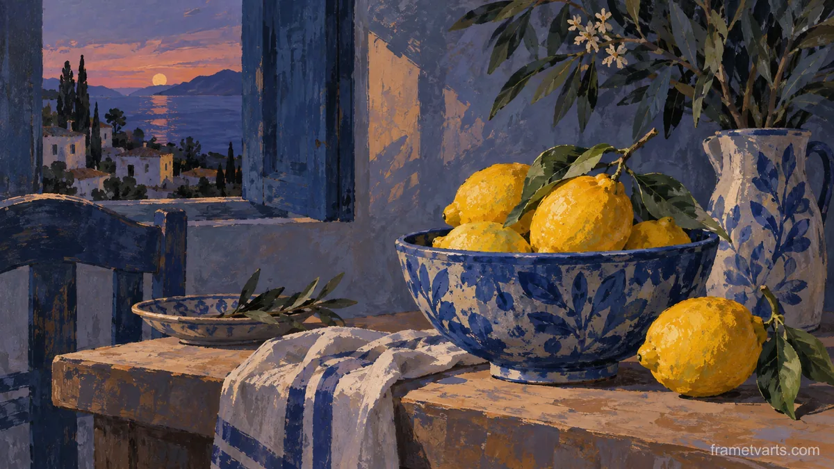 Lemons in a blue ceramic bowl – modern gouache still life Samsung Frame TV art, 4K