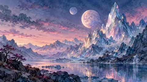 Glasslike mountain peaks below twin moons – dreamlike watercolor Frame TV art