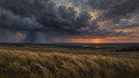 Prairie grass rippling beneath storm clouds – tonal oil painting Frame TV art