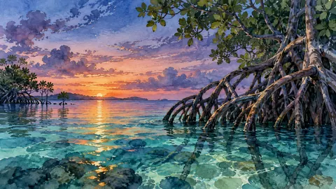 Mangrove roots above luminous water – coastal watercolor Frame TV art