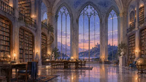 Library with tall shelves of unmarked books – architectural watercolor Frame TV art