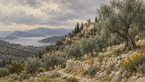 Olive grove on terraced limestone hills – tonal oil painting Frame TV art