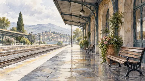 Sunlit train station platform without signage – architectural watercolor Frame TV art