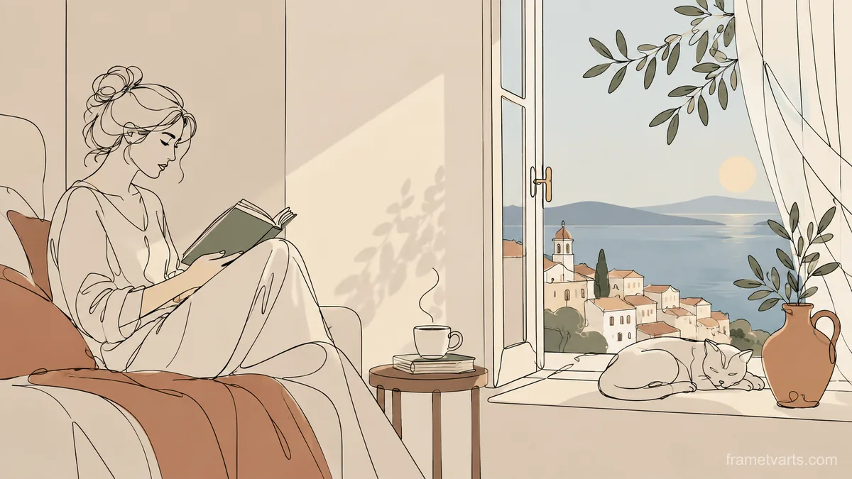 Reader beside an open window – minimal continuous-line illustration Samsung Frame TV art, 4K
