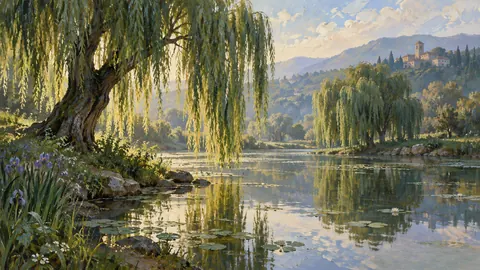 Willow trees reflected in a still pond – tonal oil painting Frame TV art