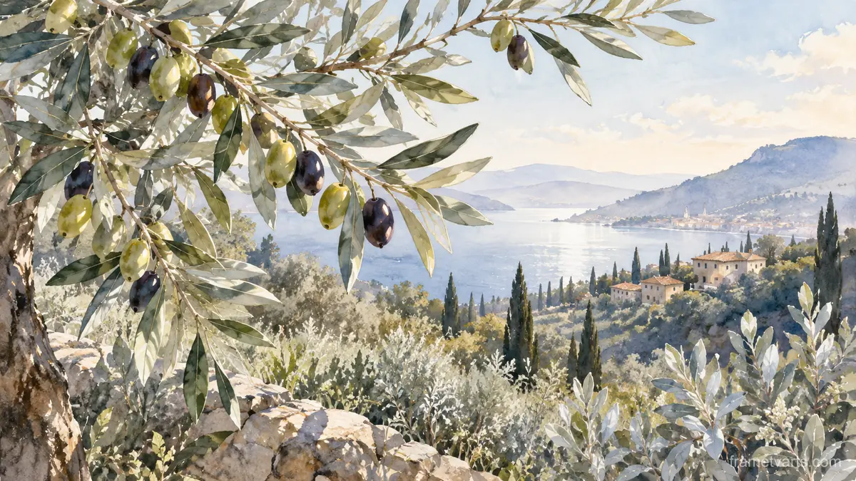 Olive branches and silver foliage – botanical watercolor Samsung Frame TV art, 4K