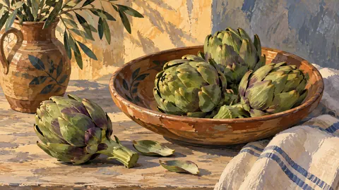 Artichokes and an earthenware plate – modern gouache still life Frame TV art