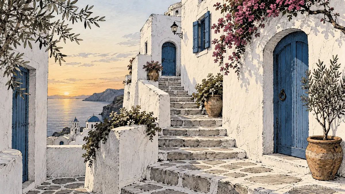 Whitewashed island steps with blue doors – architectural ink drawing Samsung Frame TV art, 4K