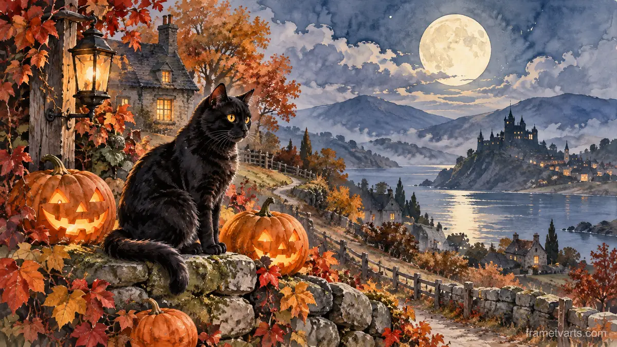 Halloween black cat with pumpkins beneath moonlight – elegant watercolor Samsung Frame TV art, 4K