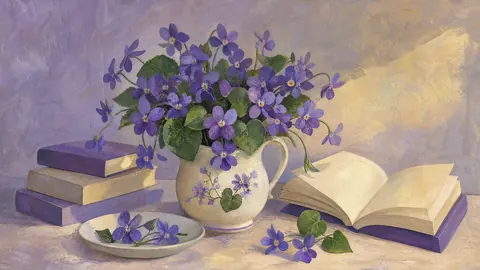 Birth-flower-inspired bouquet of violets – decorative gouache keepsake composition Frame TV art