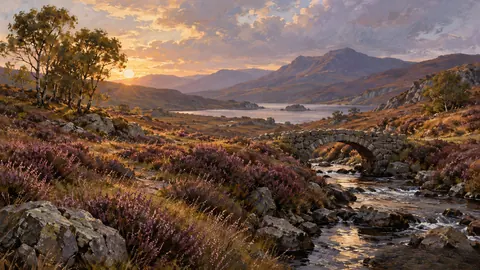 Heather moor and small stone footbridge – tonal oil painting Frame TV art