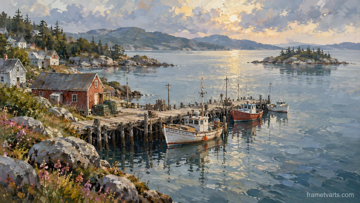Fishing boats beside a quiet wooden jetty – atmospheric oil painting Samsung Frame TV art, 4K