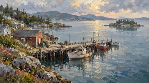 Fishing boats beside a quiet wooden jetty – atmospheric oil painting Frame TV art