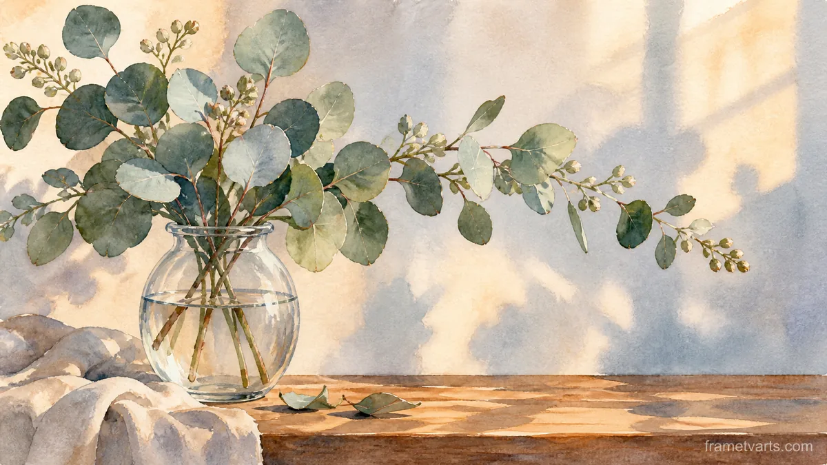 Eucalyptus sprays in a simple glass vessel – botanical watercolor Samsung Frame TV art, 4K